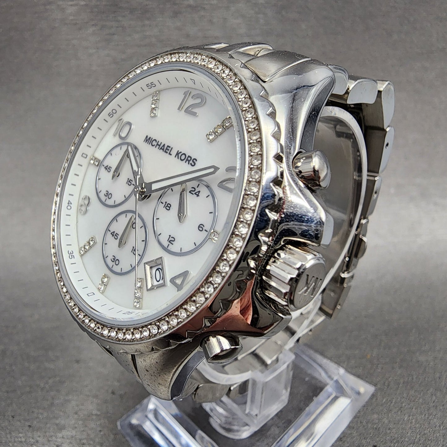 Michael Kors Glitz Chronograph Watch Women 42mm MOP Dial Steel Date Round MK53462