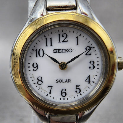 Seiko Solar Watch Women 22mm White Dial Two Tone Round V1150AG0 Runs1
