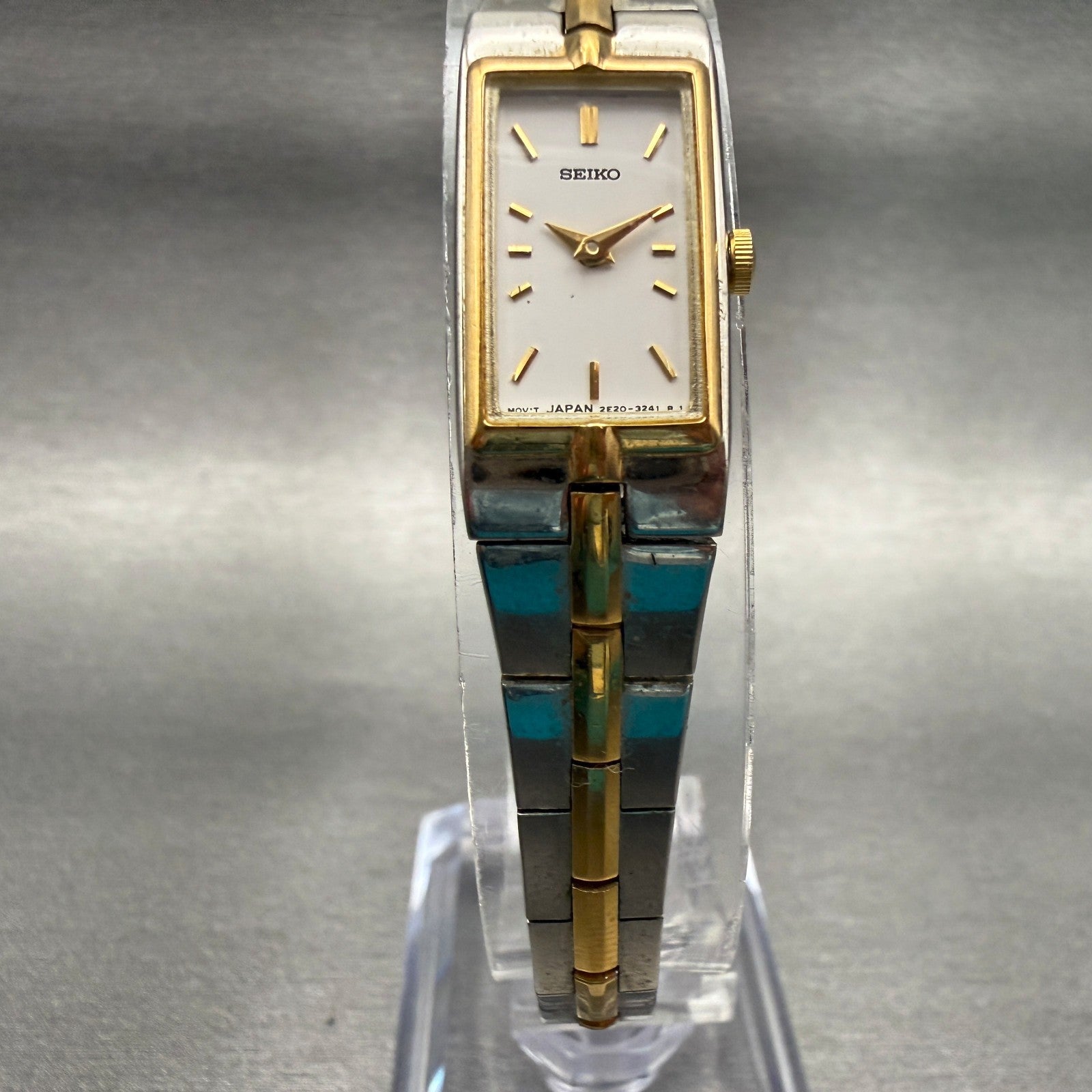 Seiko Watch Women 13mm White Dial Two Tone Rectangle 2E20-7479 New Battery5