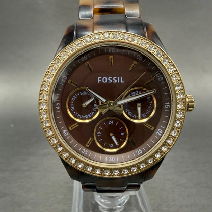 Fossil Stella Watch Women 37mm Brown Dial Brown Tortoise Daydate ES2795 New batt0