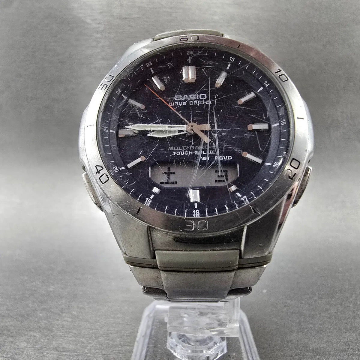Casio Wave Ceptor Watch Men 43mm Blue Dial Silver Solar Alarm Daydate Runs LP5