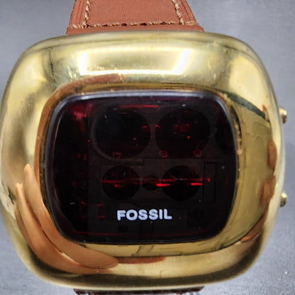Fossil Red LED Watch Men 43mm Black Dal Gold Tone Cushion JR-7776 New Battery
