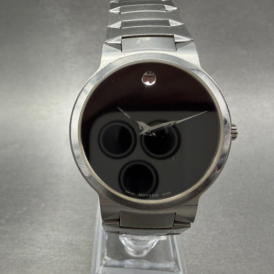 Movado Temo Watch Men 38mm Black Dial Steel Round 0607292 New Battery0