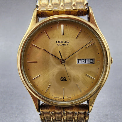 Seiko SQ Watch Men 33mm Champagne Dial Gold Tone Daydate 5h237b09 New Battery1