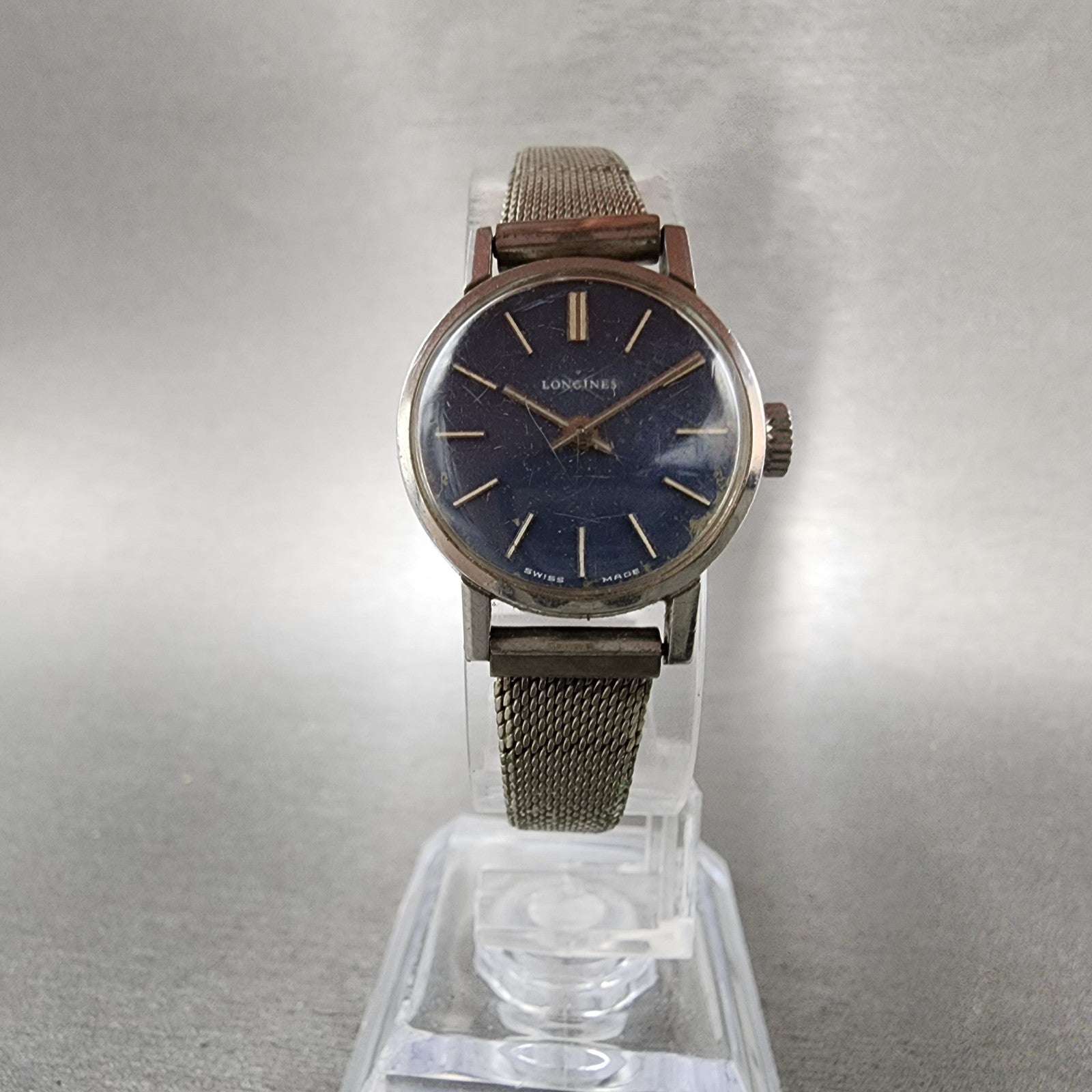 Longines Watch Women 21mm Blue Dial Steel Round Manual Wind Runs VTG 10355