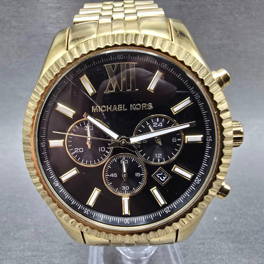 Michael Kors Lexington Chronograph Watch Men 45mm Black Dial Gold Tone New Batt0