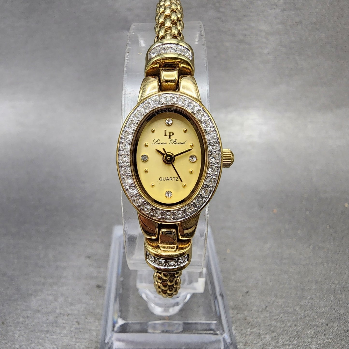 Lucien Piccard Watch Women 16mm Gold Dial Gold Tone Oval Crystals New Battery0