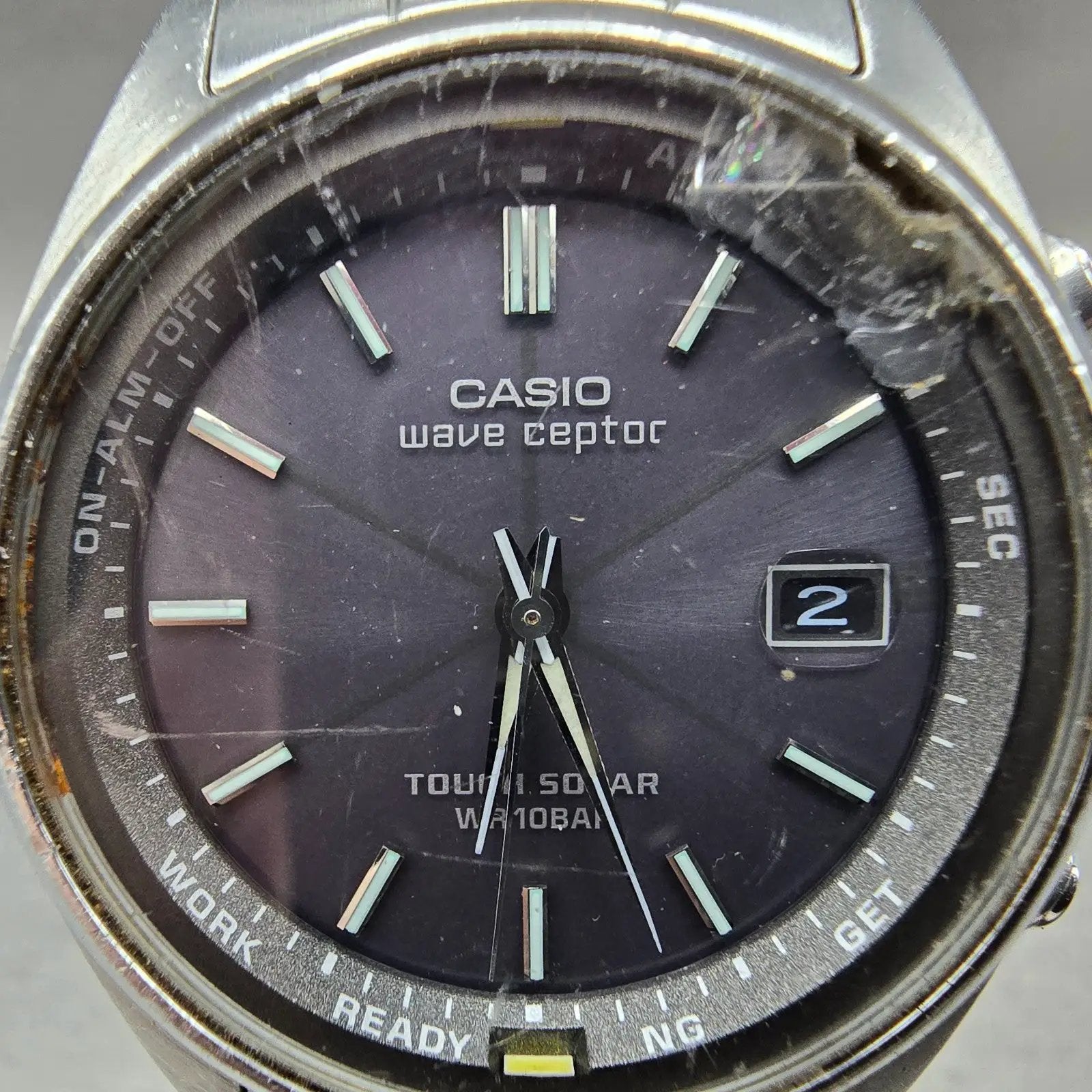 Casio Wave Ceptor Watch Men 39mm Gray Dial Steel Date Round WVQ-110DJ Works1