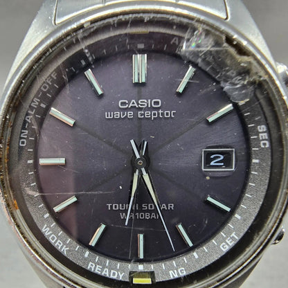 Casio Wave Ceptor Watch Men 39mm Gray Dial Steel Date Round WVQ-110DJ Works1