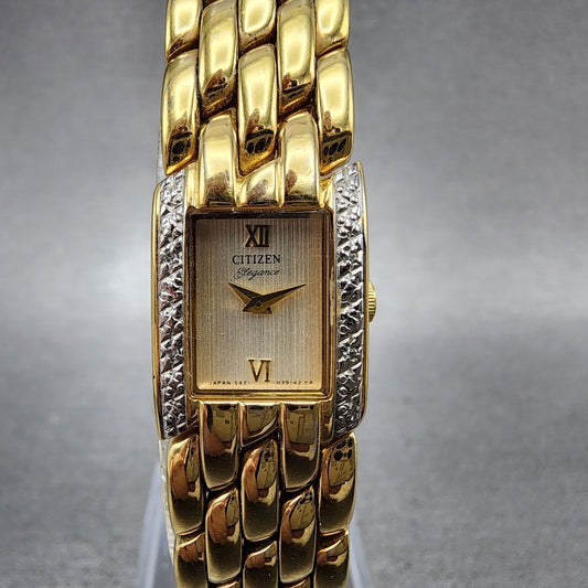 Citizen Elegance Tank Watch Women 15mm Champagne Dial Gold Tone New Battery0