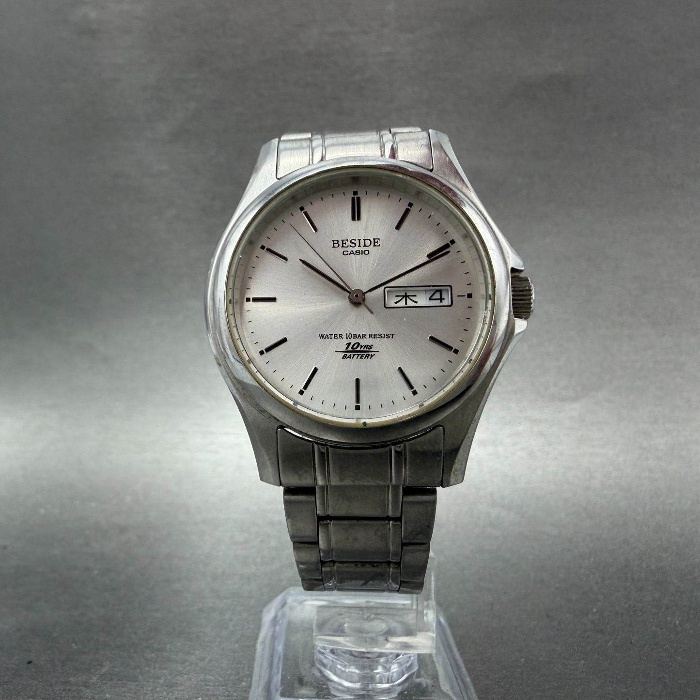 Casio Beside Watch Men 35mm Silver Dial Steel Daydate Round BES-105 New BatteryA5