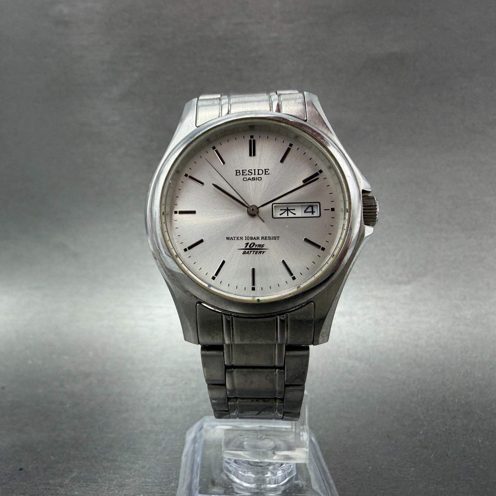 Casio Beside Watch Men 35mm Silver Dial Steel Daydate Round BES-105 New BatteryA5