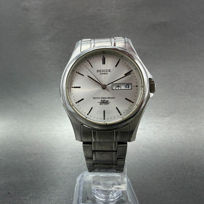Casio Beside Watch Men 35mm Silver Dial Steel Daydate Round BES-105 New BatteryA5