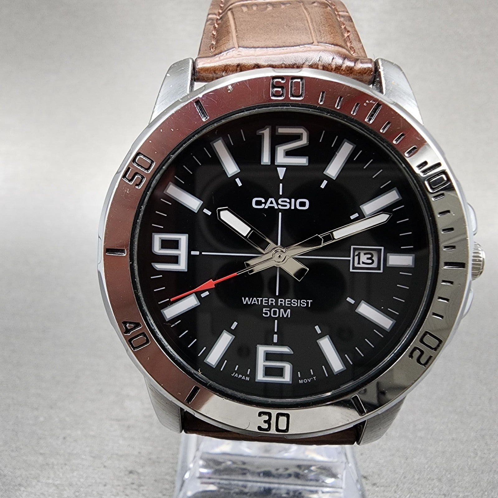 Casio MTPVD01 Watch Men 43mm Black Dial Steel Date Round Leather New Battery1