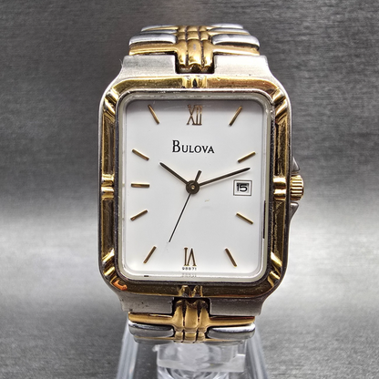 Bulova Watch Men 26mm White Dial Two Tone Date Rectangle 98B71 New Battery0