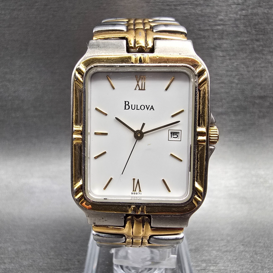 Bulova Watch Men 26mm White Dial Two Tone Date Rectangle 98B71 New Battery0