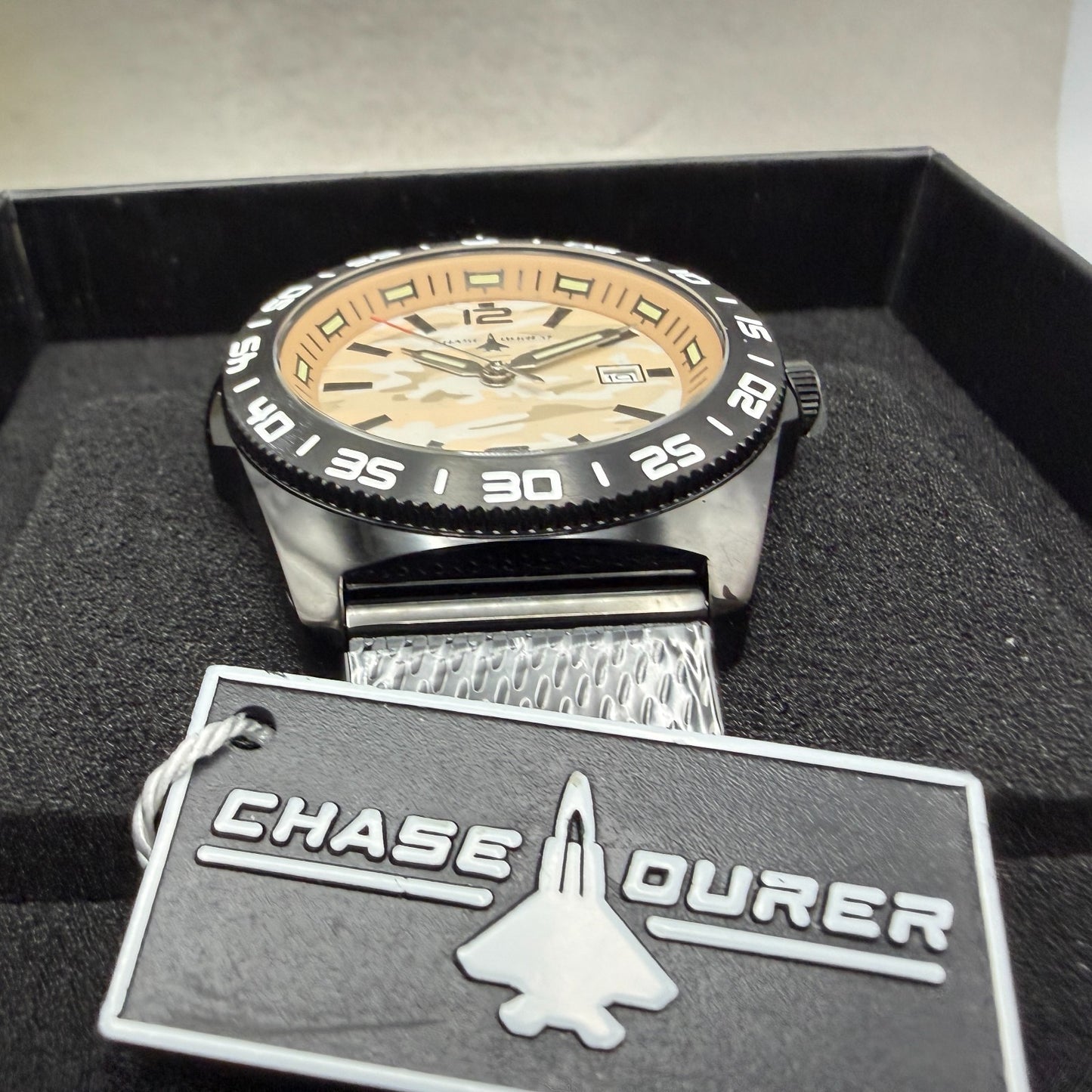 Chase Durer Dive Watch Men 46mm Brown Camo Dial Black Tone Date CDW-01832