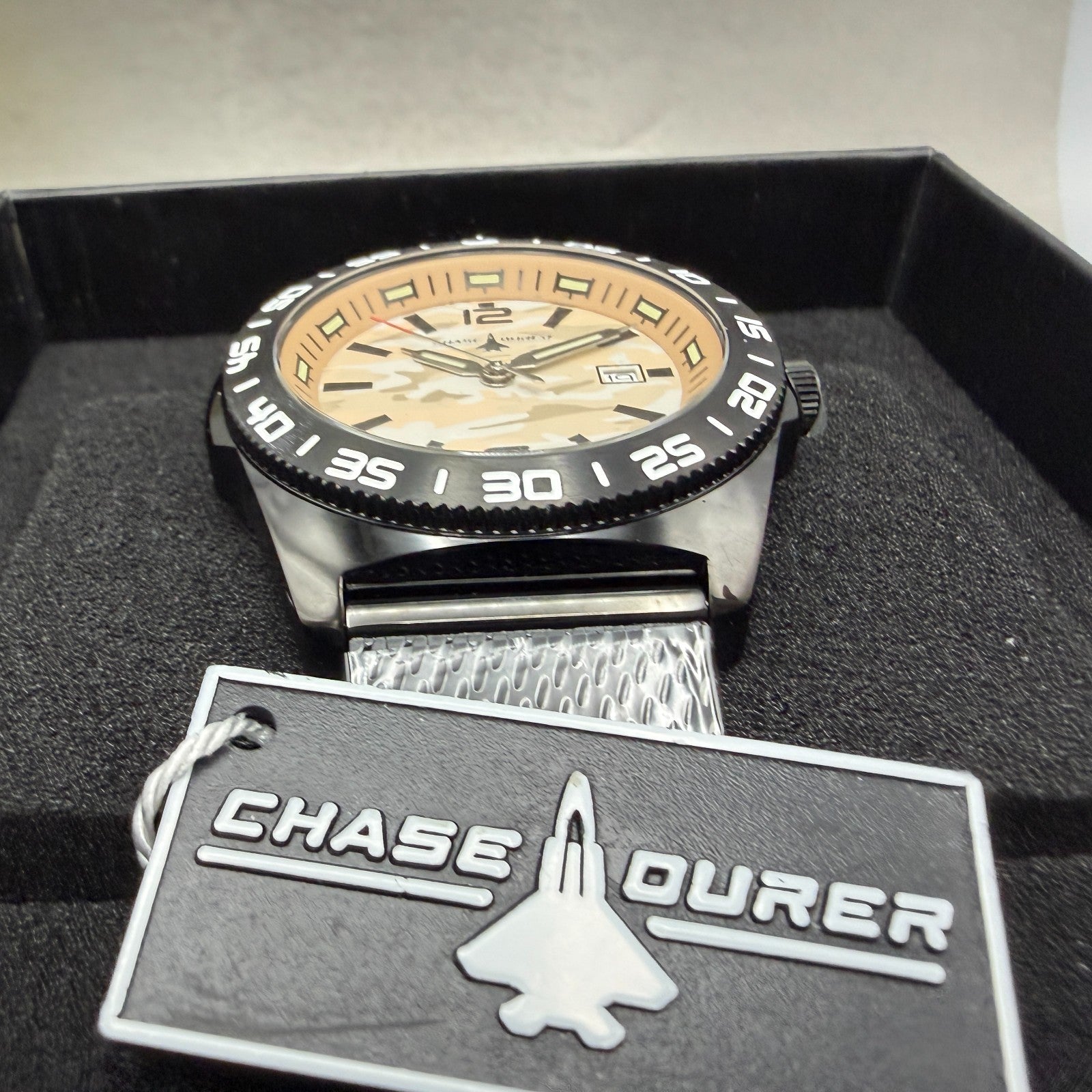 Chase Durer Dive Watch Men 46mm Brown Camo Dial Black Tone Date CDW-01832