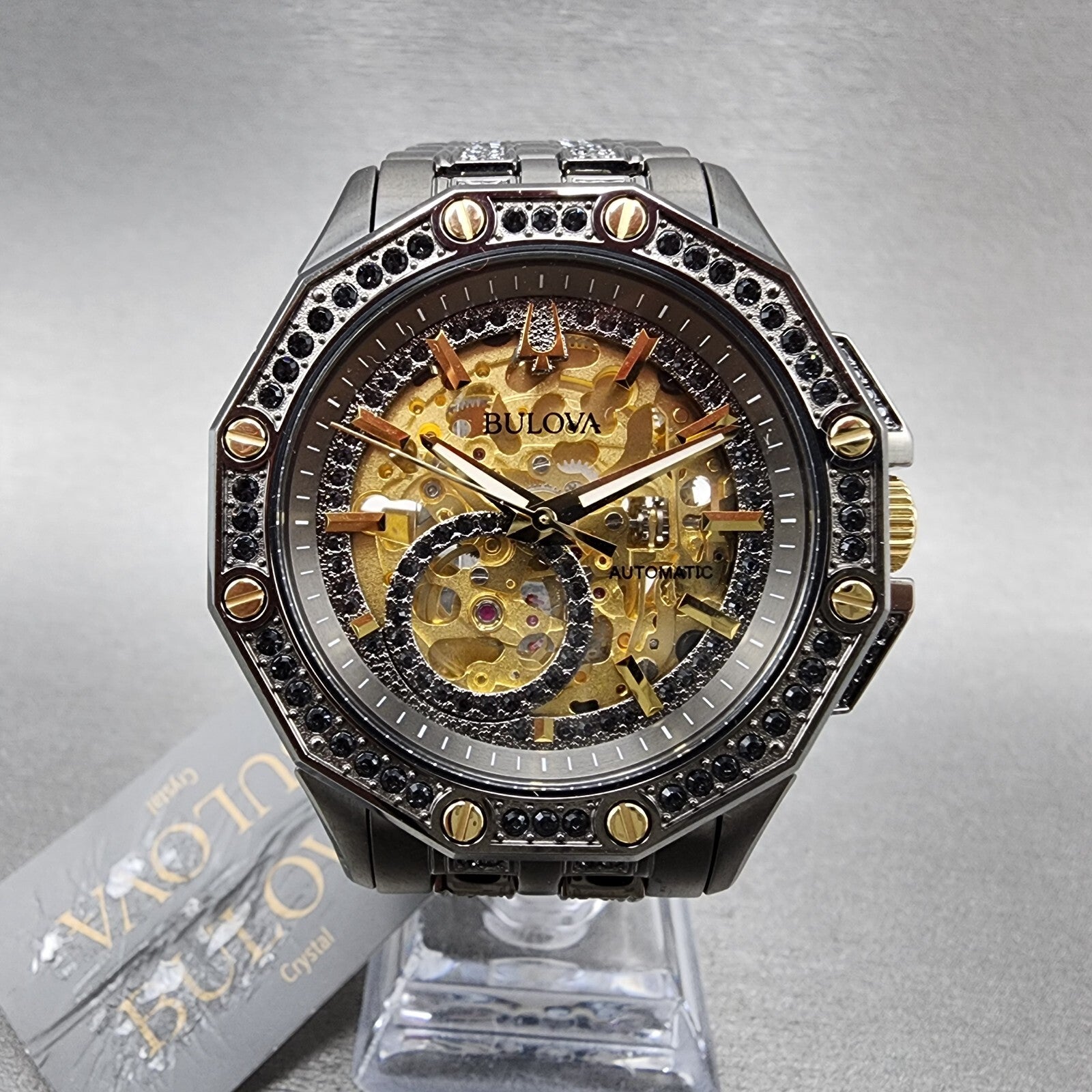 Bulova Octava Watch Men 42mm Gold Skeleton Dial Gunmetal Crystal Bezel 98A2930