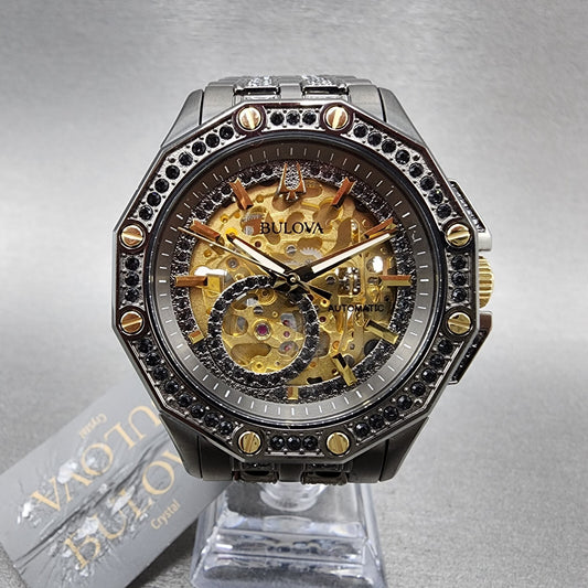 Bulova Octava Watch Men 42mm Gold Skeleton Dial Gunmetal Crystal Bezel 98A2930