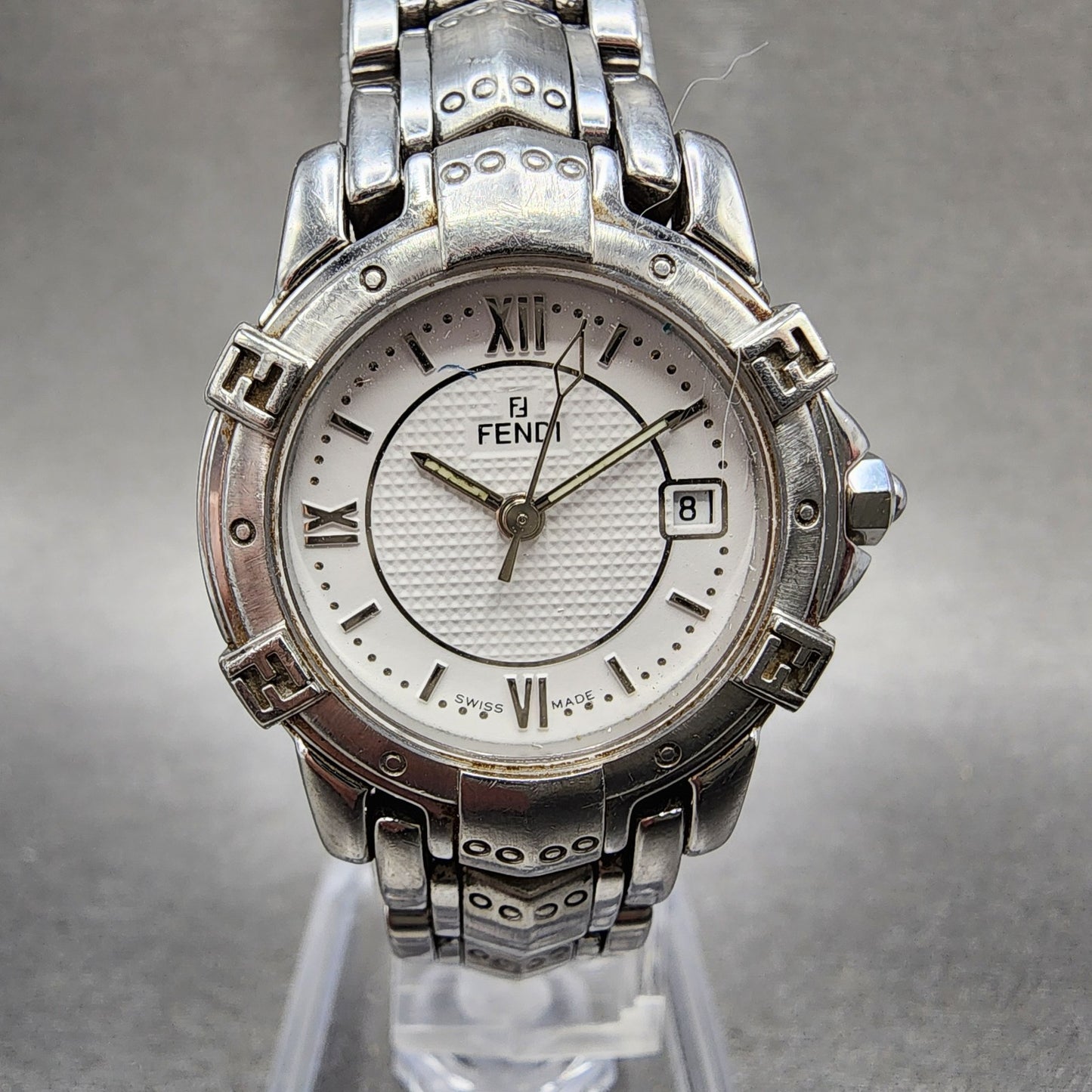 Fendi Orologi Watch Women 26mm White Dial Silver Tone Date Round 3500L PARTS0