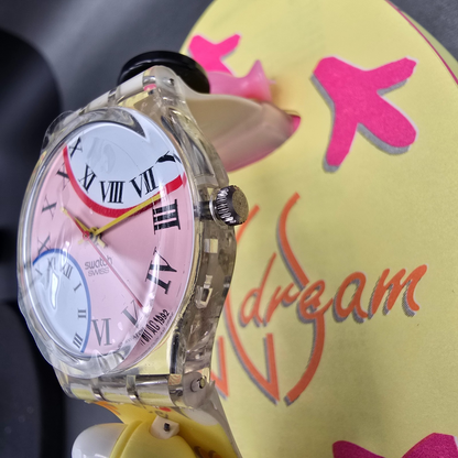 Swatch Special Eggsdream Watch Men 34mm Pink Dial Clear Case GZ128 New Batt NOS3