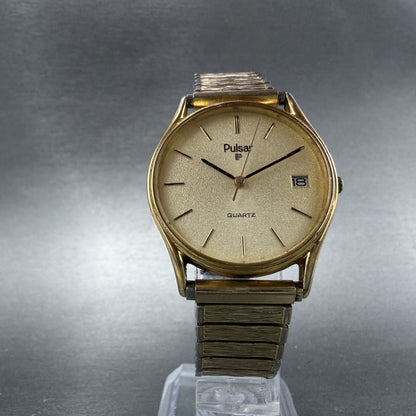 Seiko Pulsar Watch Men 32mm Champagne Dial Gold Tone Date Y112-8019 New Battery5
