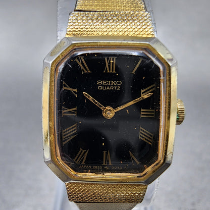 VTG Seiko Watch Women 17mm Black Dial Gold Tone Octagon 2B205019 New Battery1