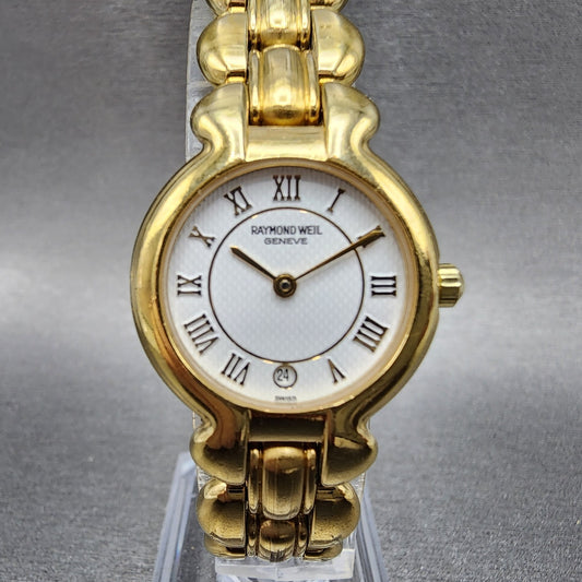 Raymond Weil Watch Women 24mm White Dial Gold Plated Round 5355 New Battery0