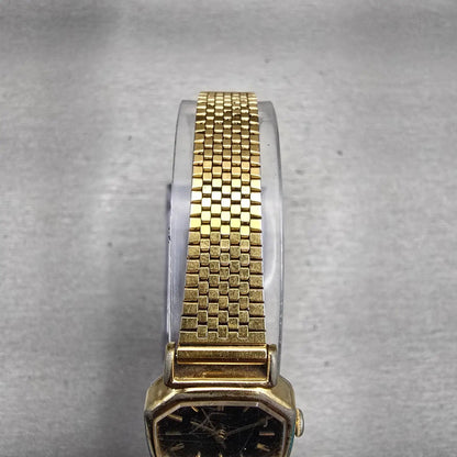Seiko Watch Women 20mm Black Dial Gold Tone Octagon 2C21-5170 New Battery VTG4