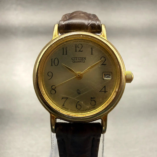 Citizen CQ Watch Women 23mm Gold Dial Gold Tone Date Round 1012-S69781 New Batt0