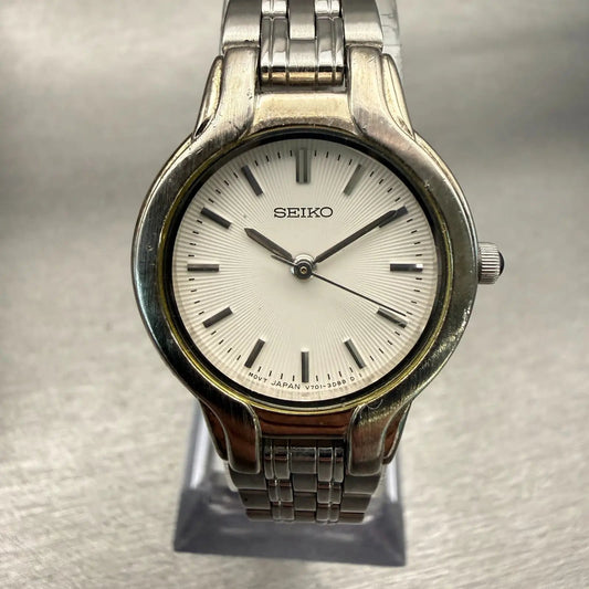 Seiko Watch Women 24mm White Dial Silver Tone Round V701-2D60 New Battery VTG0