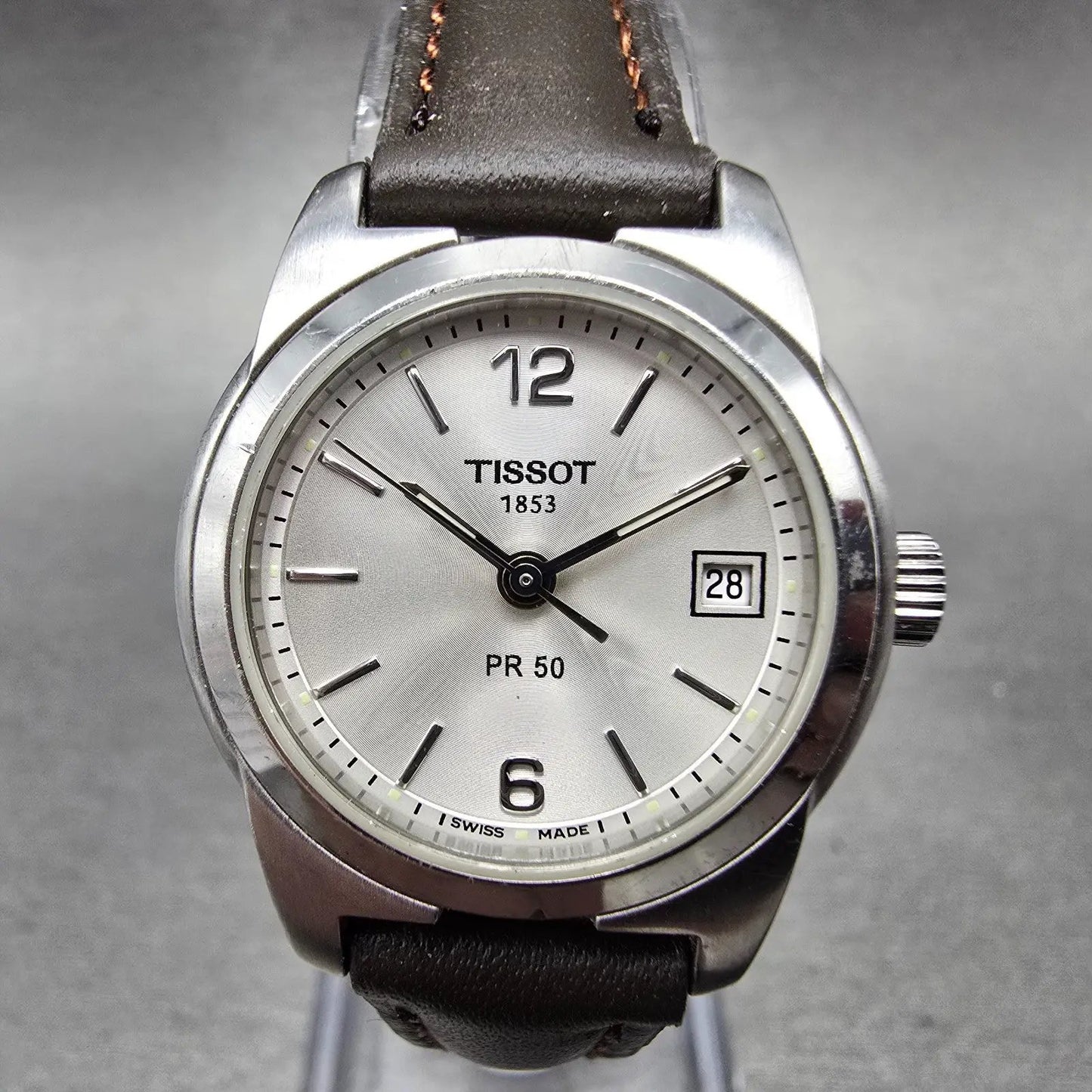 Tissot PR 50 Watch Women 25mm Silver Dial Steel Date Leather J326/426 New Batt0