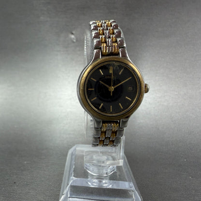 Seiko Watch Women 23mm Black Dial Two Tone Date Round 7N82-0228 New Battery 5435