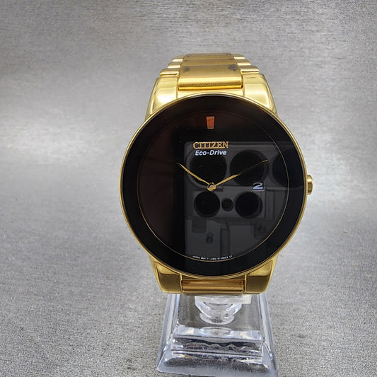 Citizen Axiom Eco-Drive Watch Men 40mm Black Dial Gold Tone Date Round Runs