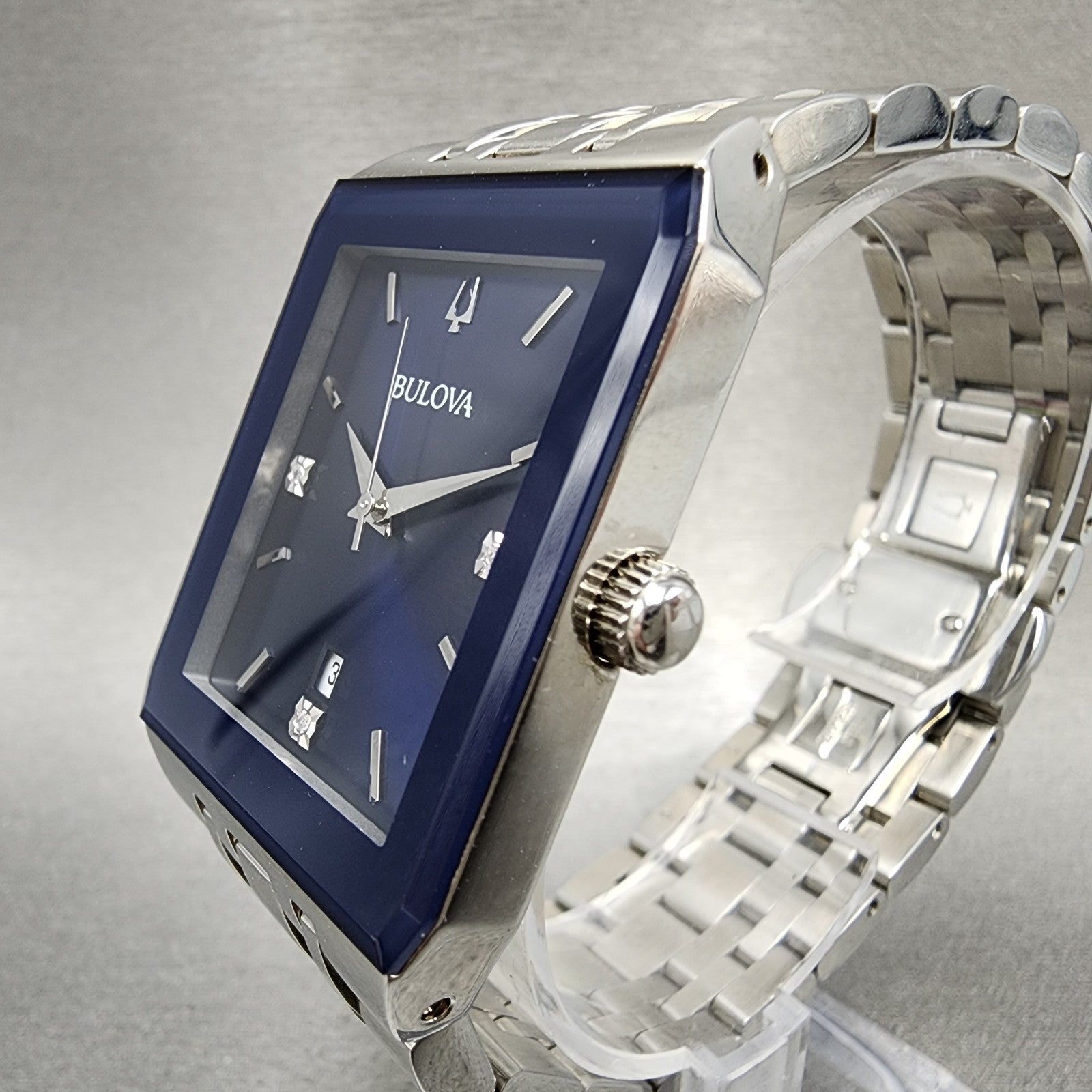Bulova Quadra Tank Watch Men 31mm Blue Dial Silver Tone Rectangle 96D139 W/Box4