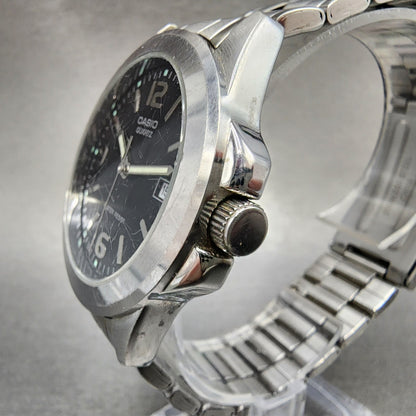 Casio Watch Men 37mm Black Dial Silver Tone Date Round MTP1215 New Battery2