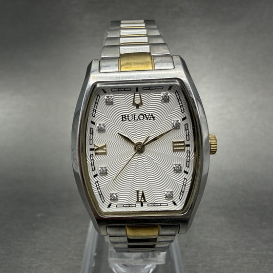 Bulova Watch Women 26mm White Dial Two Tone Rectangle 98P165 New Battery0