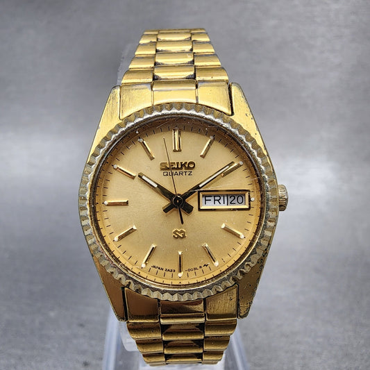 Seiko SQ Watch Women 24mm Champagne Dial Gold Tone Daydate 2a230030 New Battery0