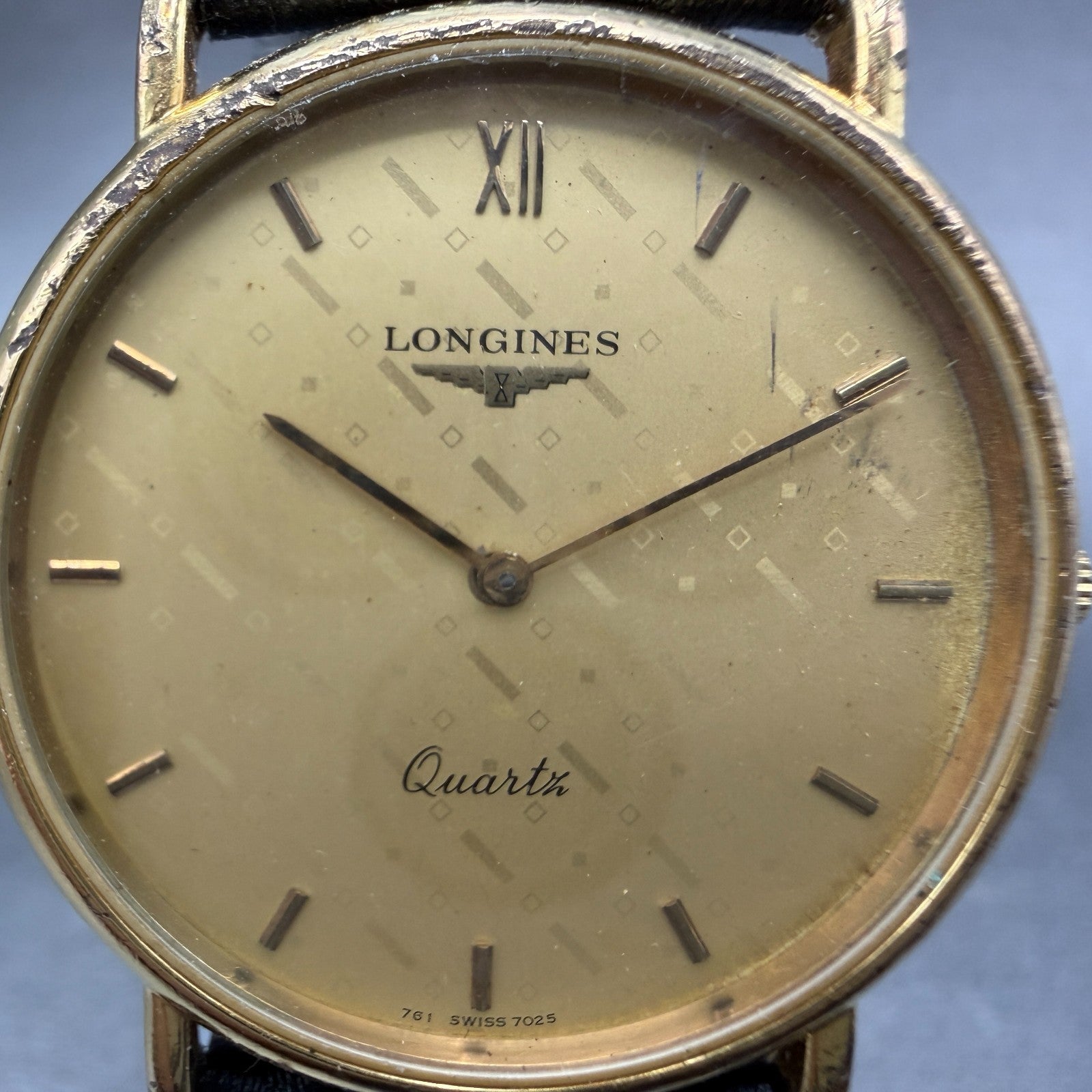 Longines Watch Men 32mm Gold Dial Gold Tone Round 7025 New Battery1