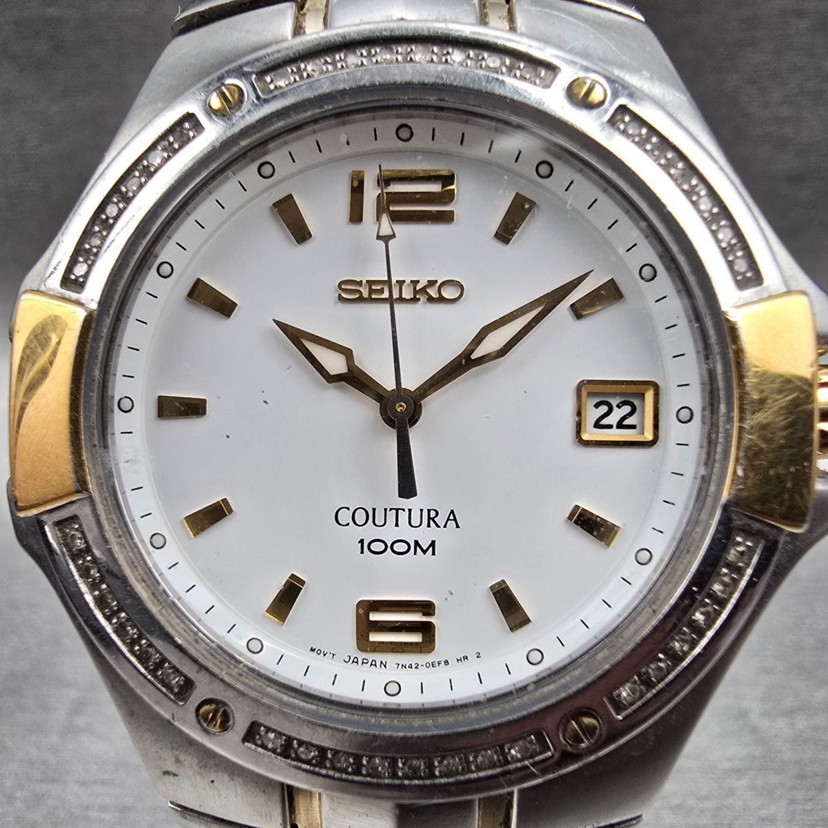 Seiko Coutura Watch Men 39mm White Dial Two Tone Date Gemmed 7N42-0DK0 New Batt1