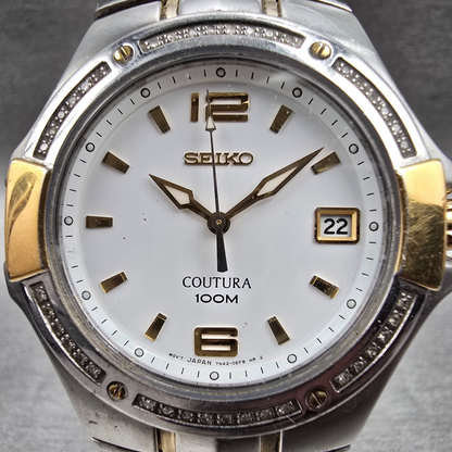 Seiko Coutura Watch Men 39mm White Dial Two Tone Date Gemmed 7N42-0DK0 New Batt1