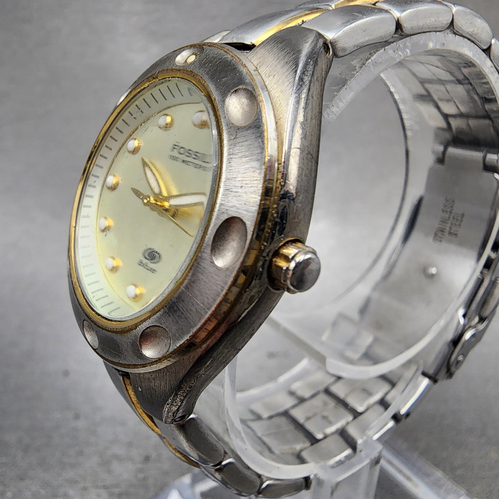 Fossil Blue Watch Women 29mm Champagne Dial Two Tone Round AM3304 New Battery2