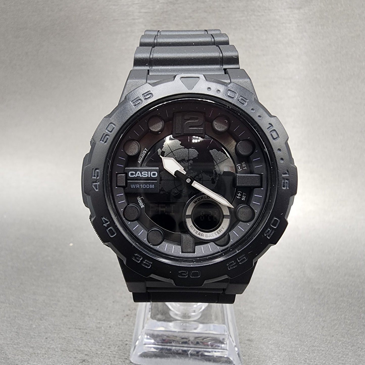 Casio AEQ100 Watch Men 48mm Analog Digital Black World Time Round New Battery0