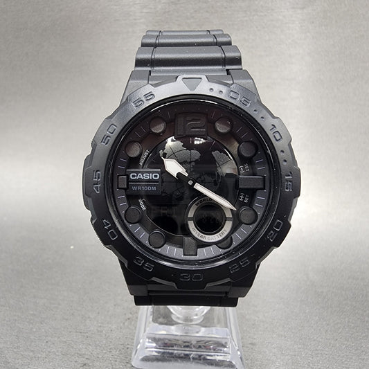 Casio AEQ100 Watch Men 48mm Analog Digital Black World Time Round New Battery0