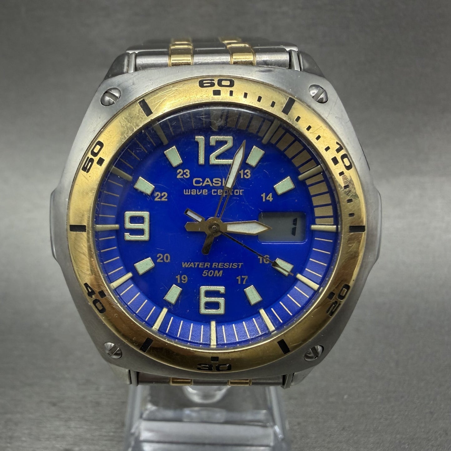 Casio Waveceptor Watch Men 43mm Blue Dial Two Two Daydate WVQ200HA Works0