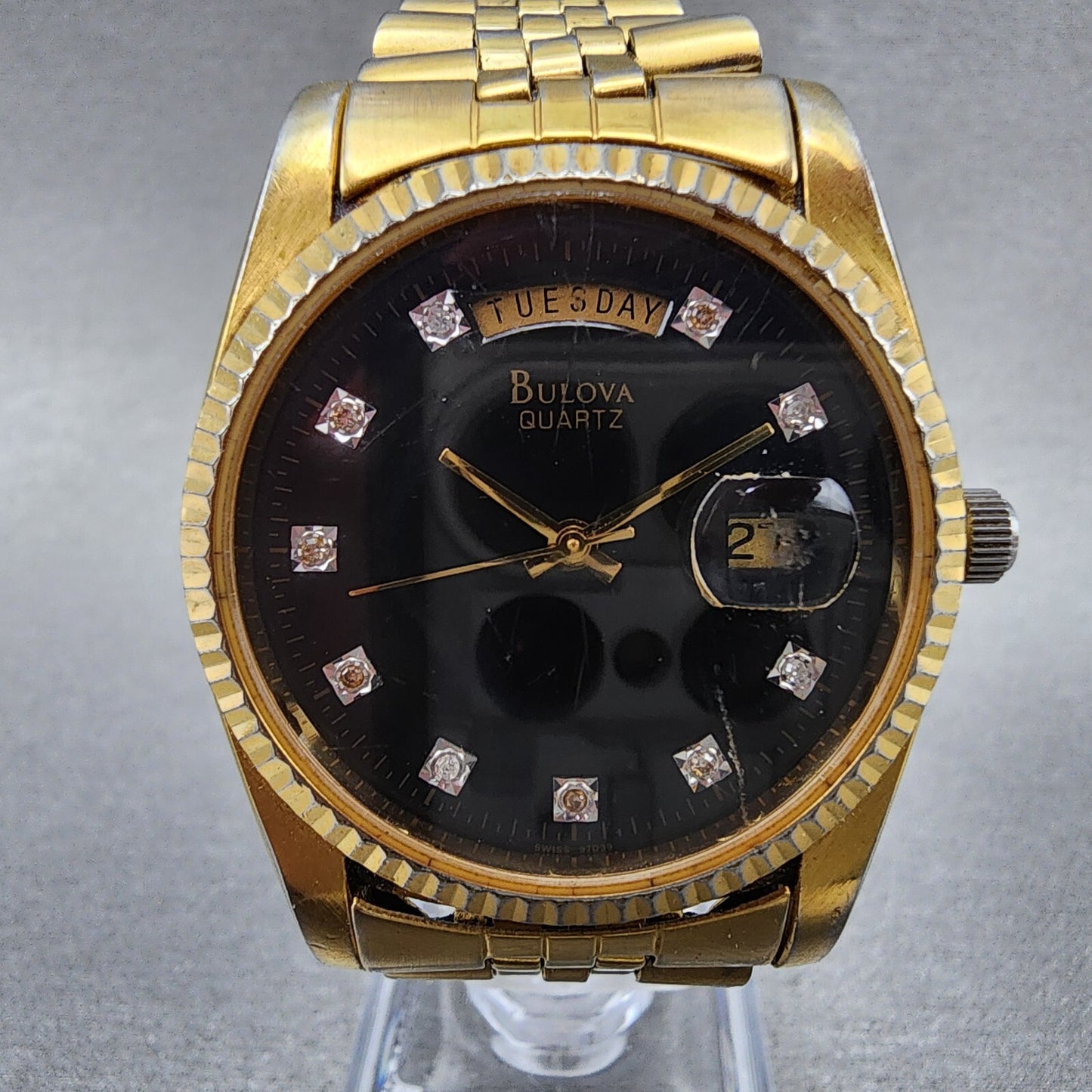 Bulova President Watch Men 36mm Black Dial Gold Tone Daydate 97D39 New Battery1