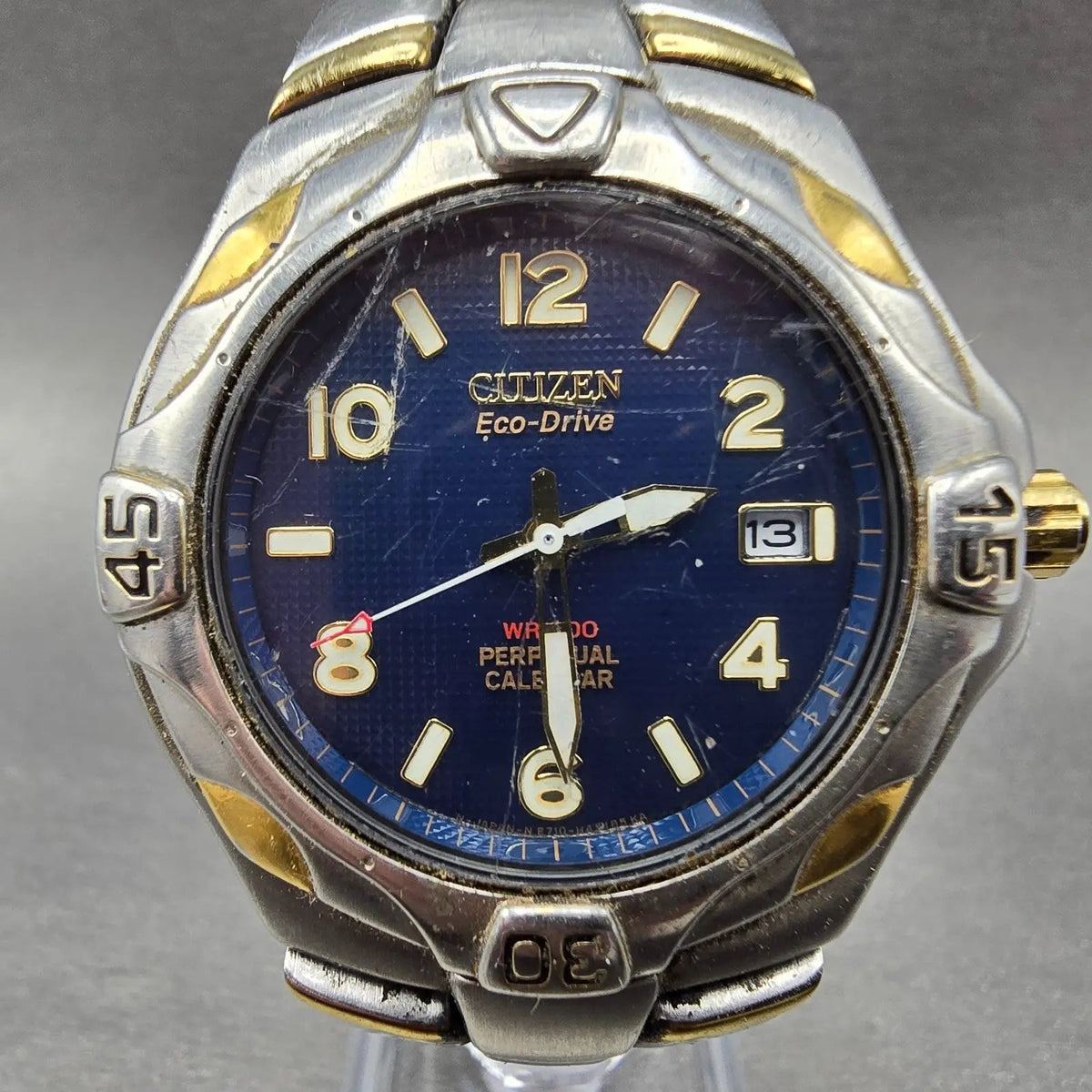 Citizen Eco-Drive Perpetual Calendar Watch Men 40mm Blue Dial Two Tone Date E7100