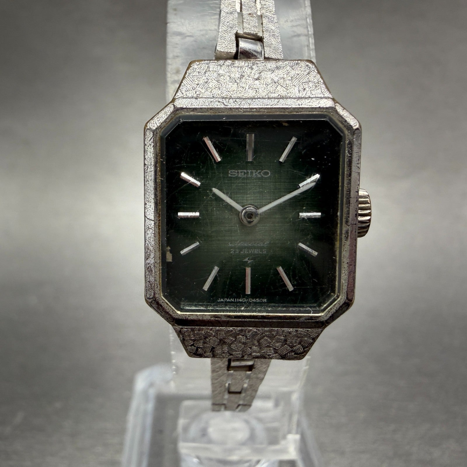 Seiko Special Tank Watch Women 18mm Green Dial Silver Tone Manual 1140-3170 Runs0