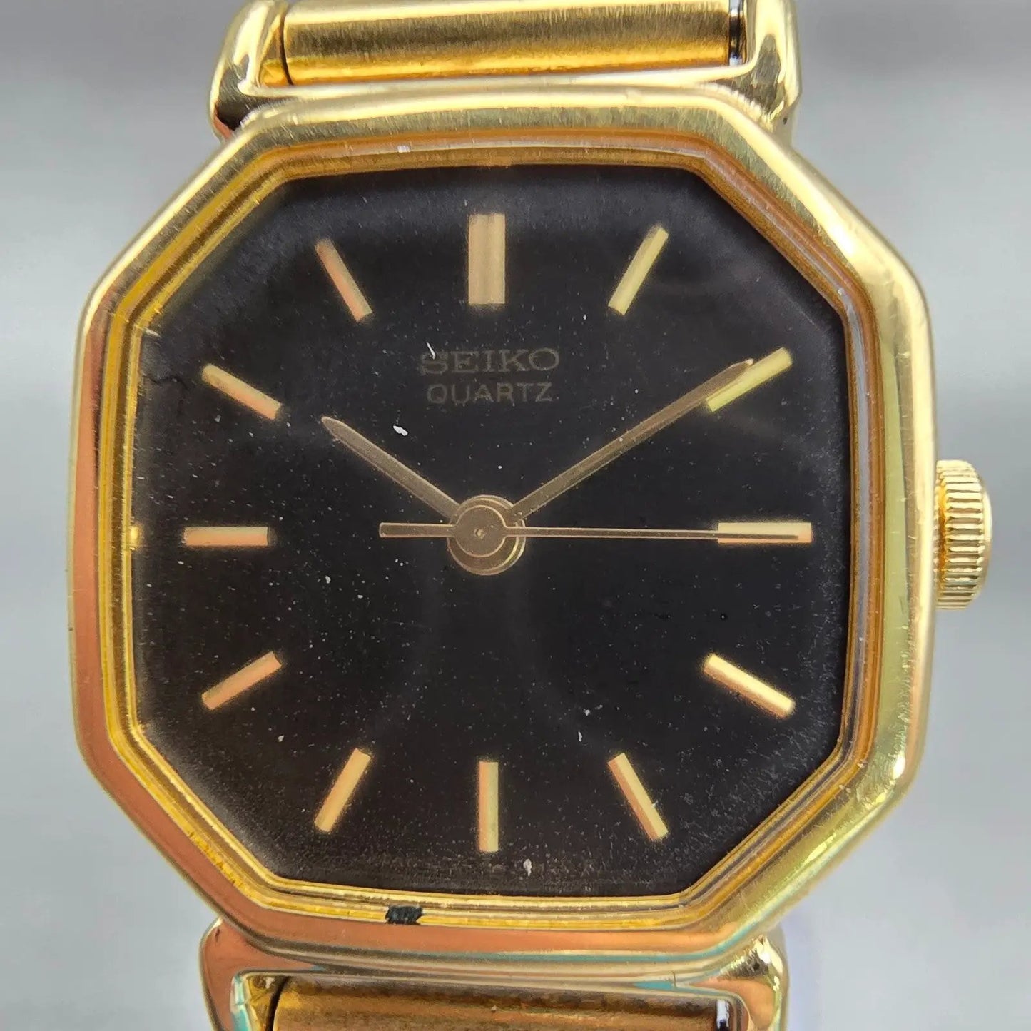 Seiko Watch Women 20mm Black Dial Gold Tone Hexagon 2C21-5170 New Battery VTG1